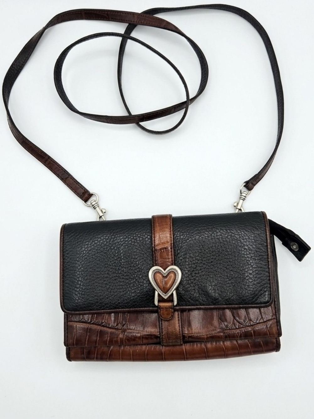 Brighton Black and Brown Leather Crossbody Bag with Heart Accent Removable Strap